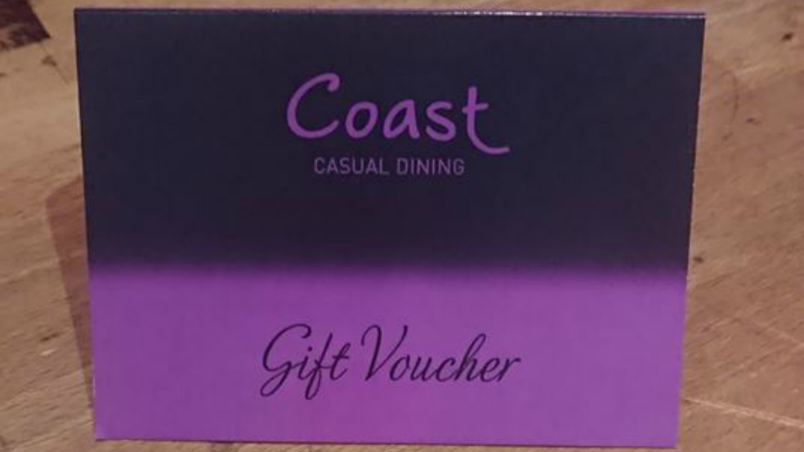 <h2>Gift Vouchers</h2><div class='slide-content'>Coast gift vouchers are the ideal gift and are available in any value. 
Usual Coast offer of a complimentary take home bottle of wine for every £60 spend on vouchers.</div><a href='http://coastholywood.com/coast/gift-vouchers/' class='btn' title='Read more'>Read more</a>